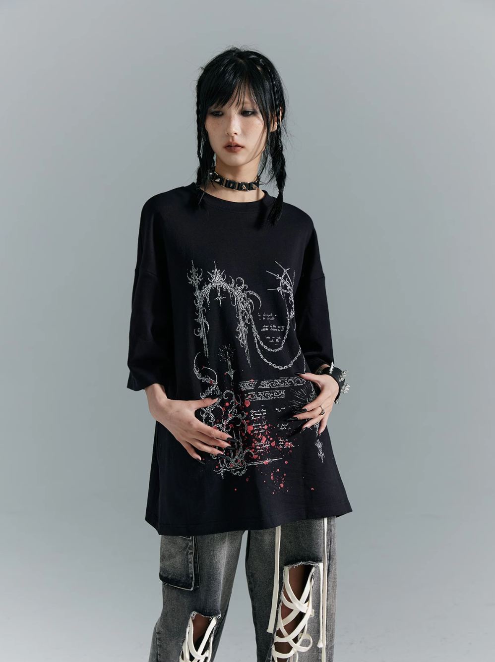 Frustration Garden Gothic Punk Oversized T-Shirt - Black With Abstract Grunge Print And Red Splatter