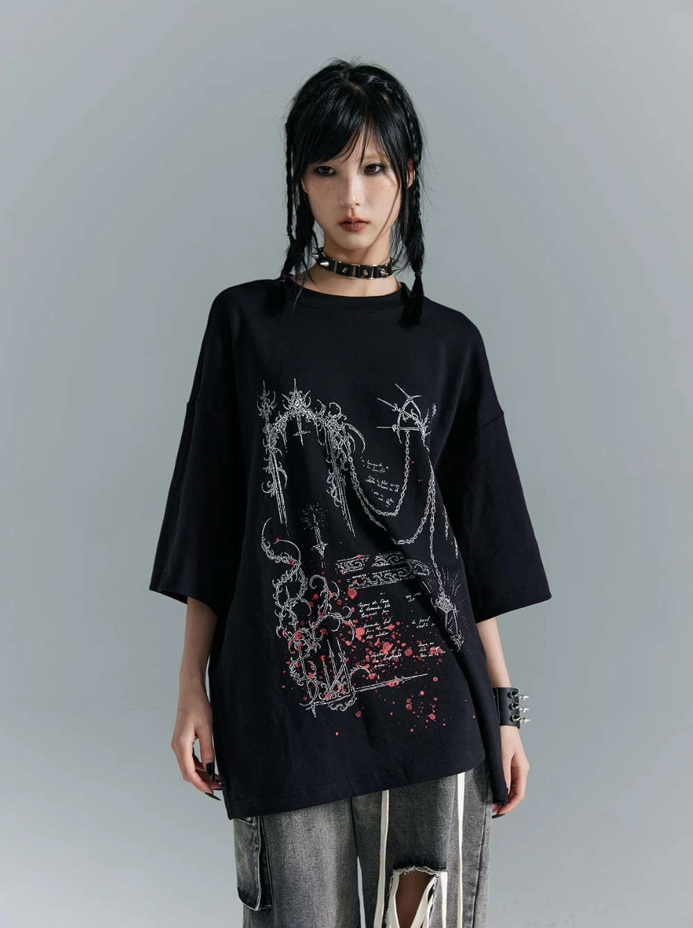 Frustration Garden Gothic Punk Oversized T-Shirt - Black With Abstract Grunge Print And Red Splatter