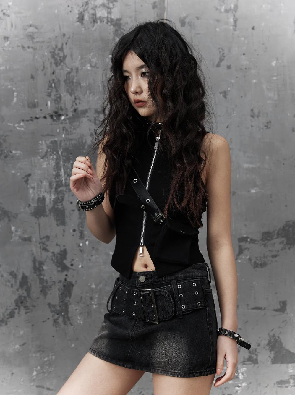 Frustration Garden Punk Rock Denim Mini Skirt - Black Distressed with Wide Grommet Belt