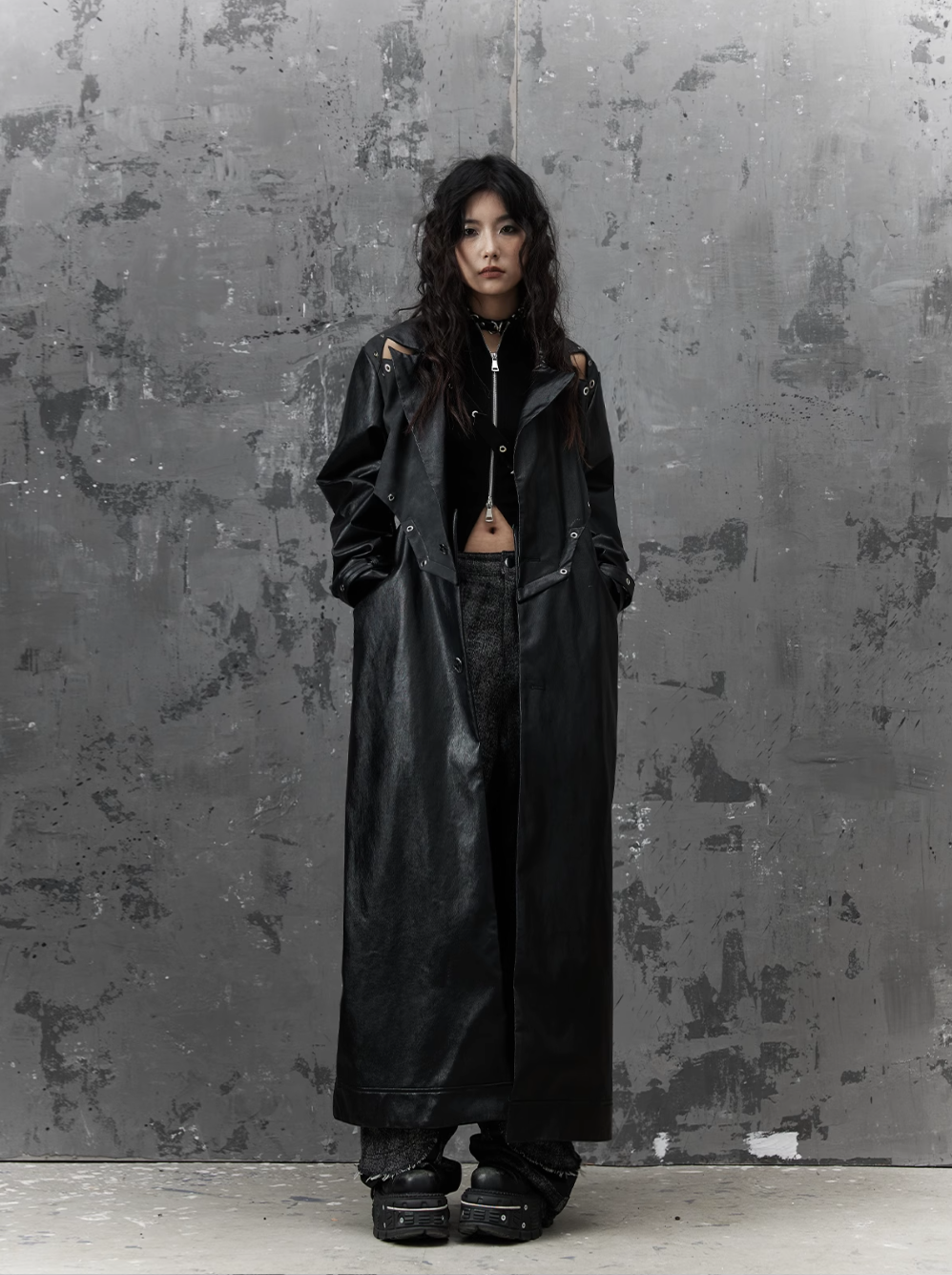 Frustration Garden Gothic Punk Maxi Coat - Black Faux Leather Trench With Oversized Collar And Asymmetrical Zip