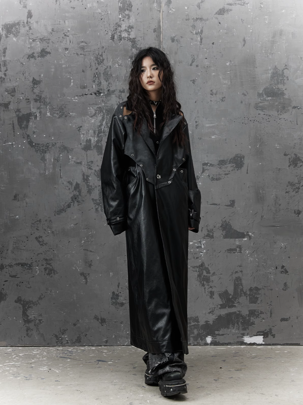 Frustration Garden Gothic Punk Maxi Coat - Black Faux Leather Trench With Oversized Collar And Asymmetrical Zip