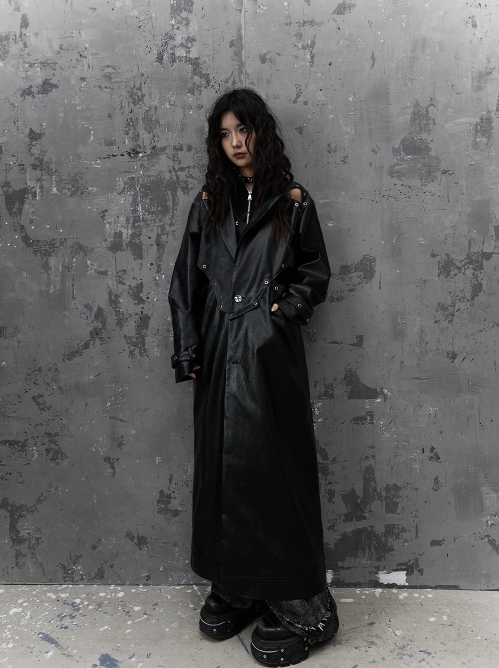 Frustration Garden Gothic Punk Maxi Coat - Black Faux Leather Trench With Oversized Collar And Asymmetrical Zip