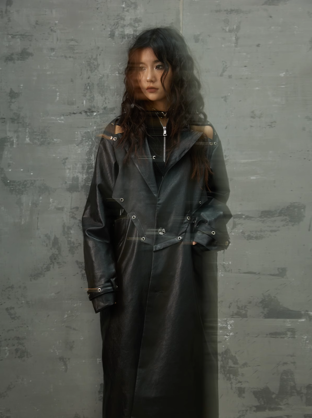 Frustration Garden Gothic Punk Maxi Coat - Black Faux Leather Trench With Oversized Collar And Asymmetrical Zip