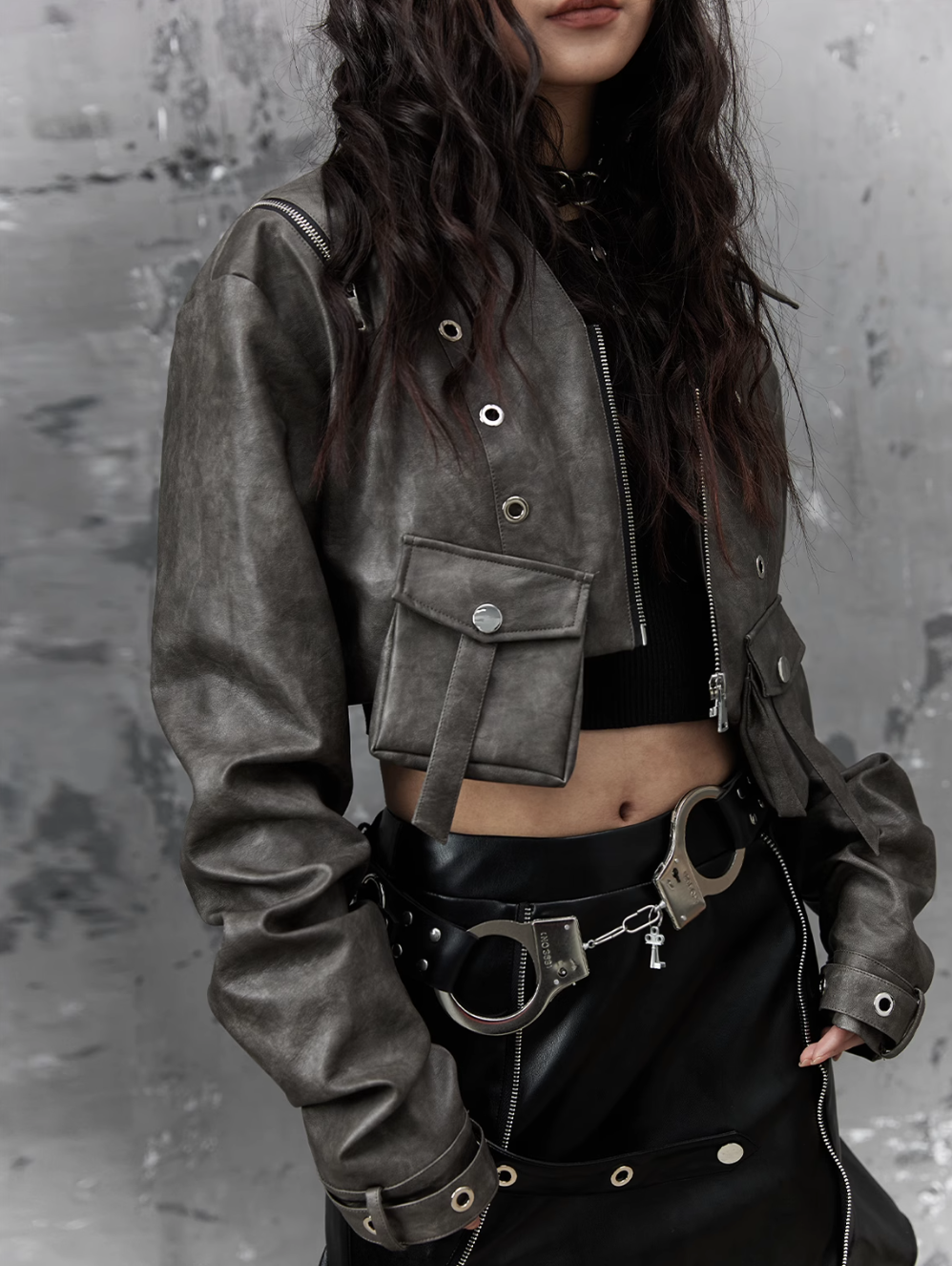 Frustration Garden Grunge Cropped Moto Jacket - Distressed Gray Leather with Multiple Pockets