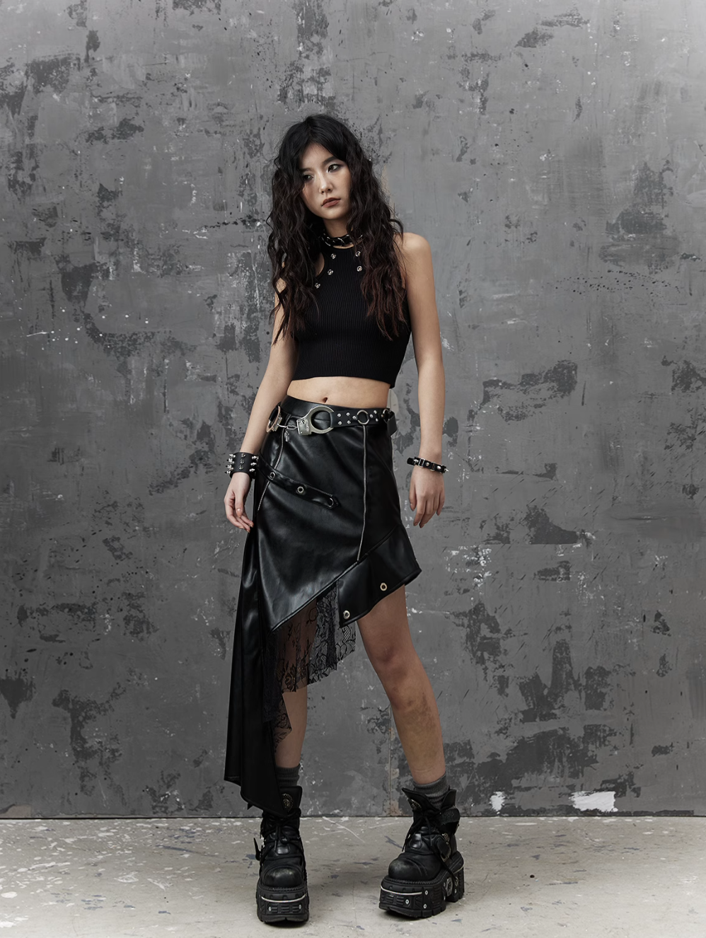 Frustration Garden Gothic Punk Asymmetrical Skirt - Black Faux Leather With Lace Trim And Chain