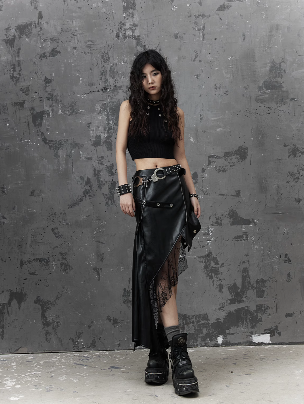 Frustration Garden Gothic Punk Asymmetrical Skirt - Black Faux Leather With Lace Trim And Chain