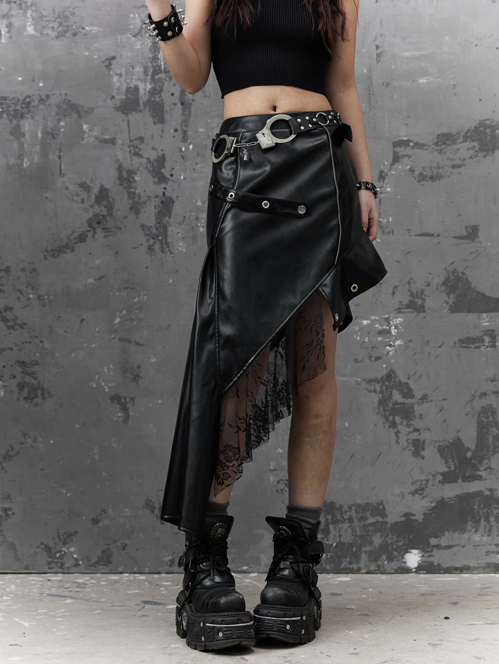 Frustration Garden Gothic Punk Asymmetrical Skirt - Black Faux Leather With Lace Trim And Chain