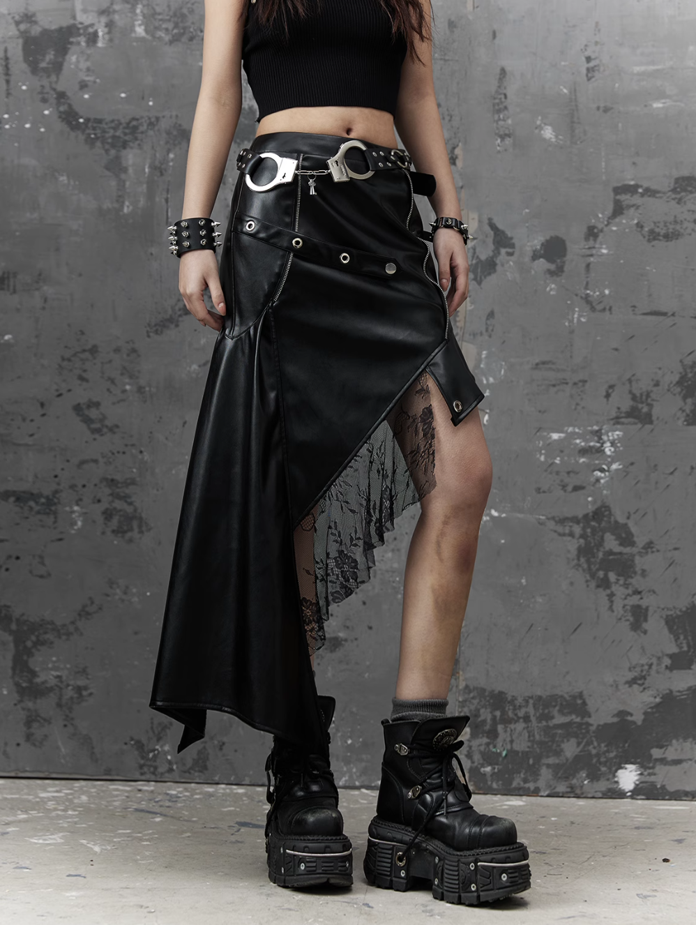 Frustration Garden Gothic Punk Asymmetrical Skirt - Black Faux Leather With Lace Trim And Chain