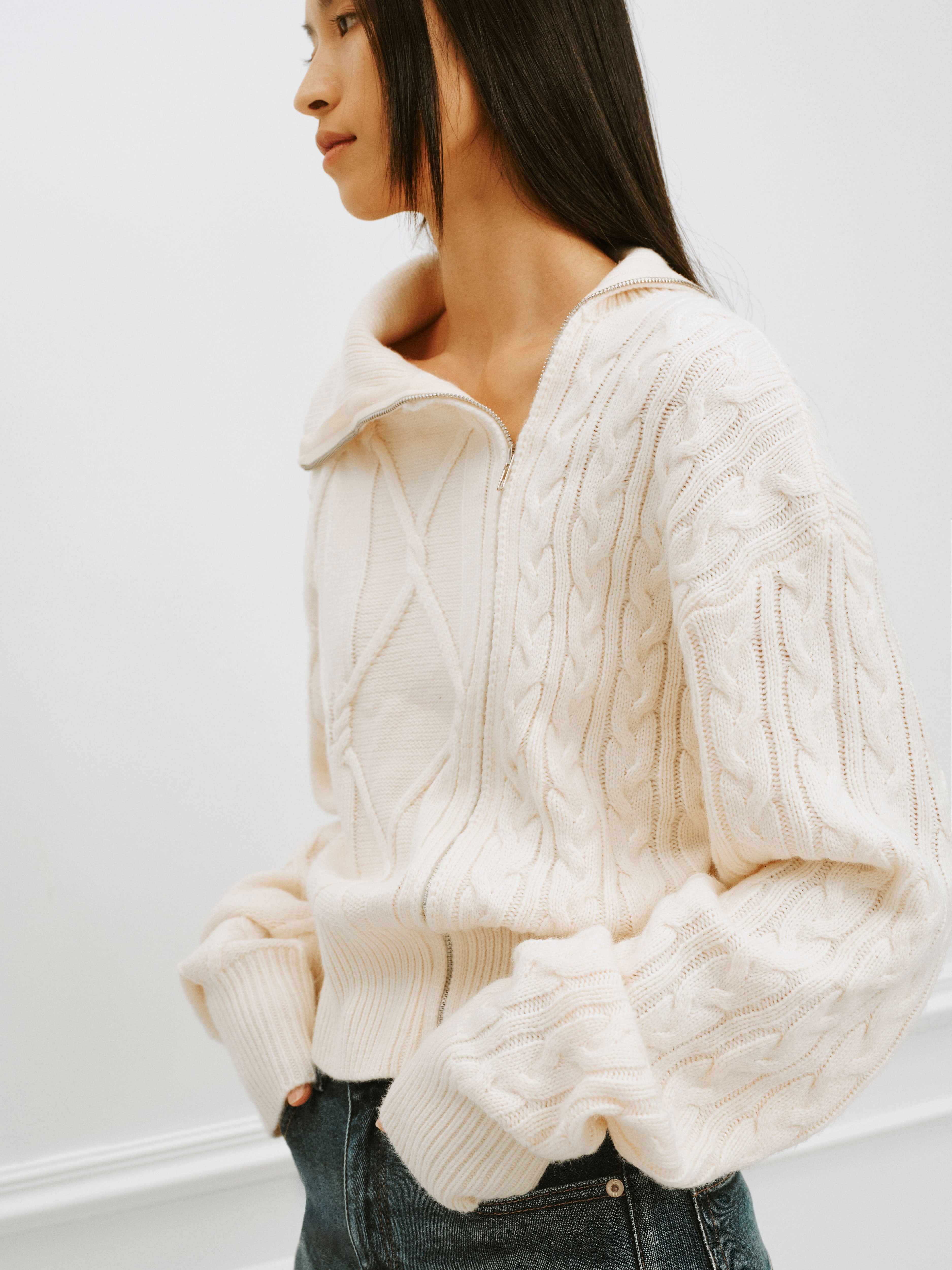 Cable Knit Zip Up Cardigan