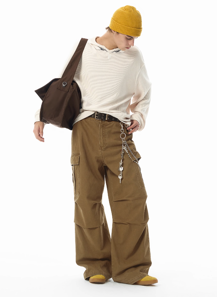 Washed Pleated Wide Leg Cargo Pants