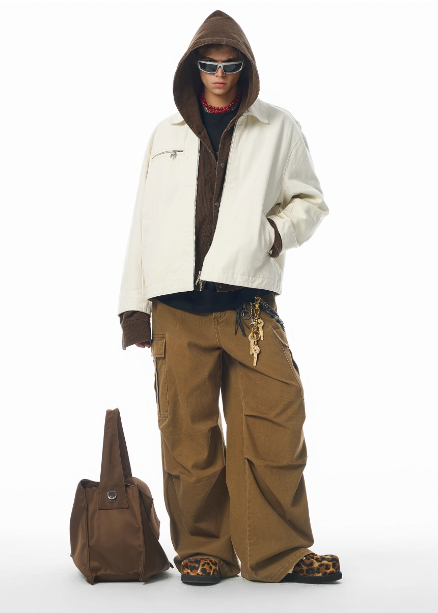 Washed Pleated Wide Leg Cargo Pants