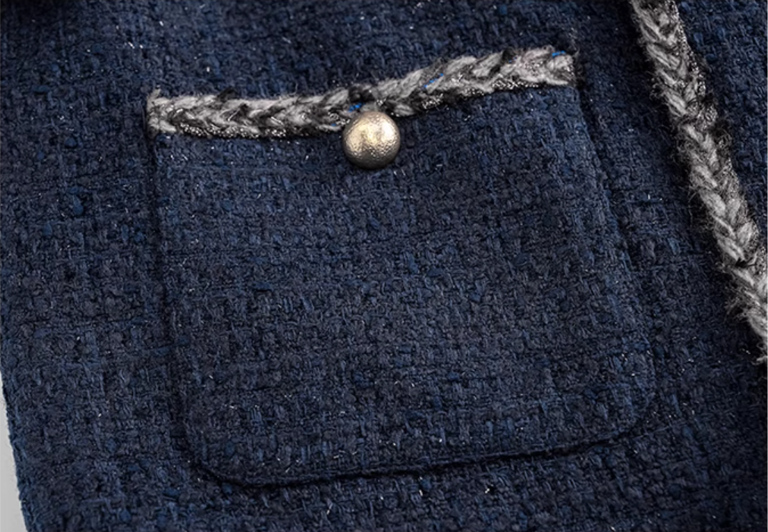 Navy Blue Tweed Cropped Jacket with Frayed Trim