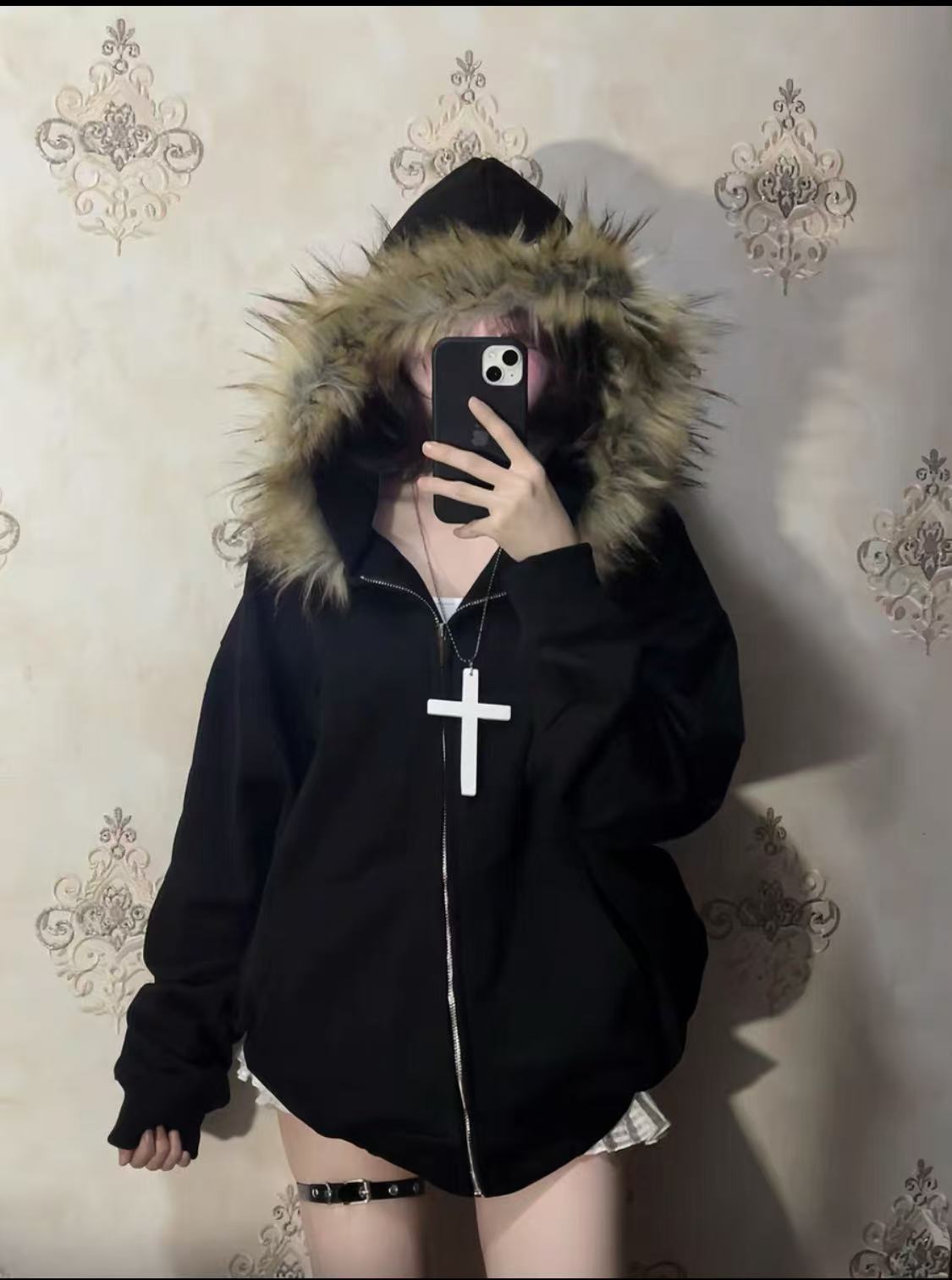 Cozy Luxe Oversized Fur Neck Zipper Hoodie Jacket
