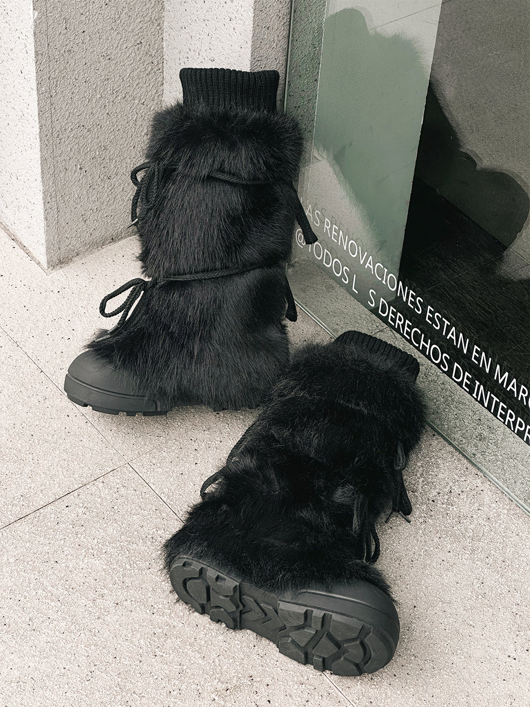 Black Plush-Lined Tall Platform Boots