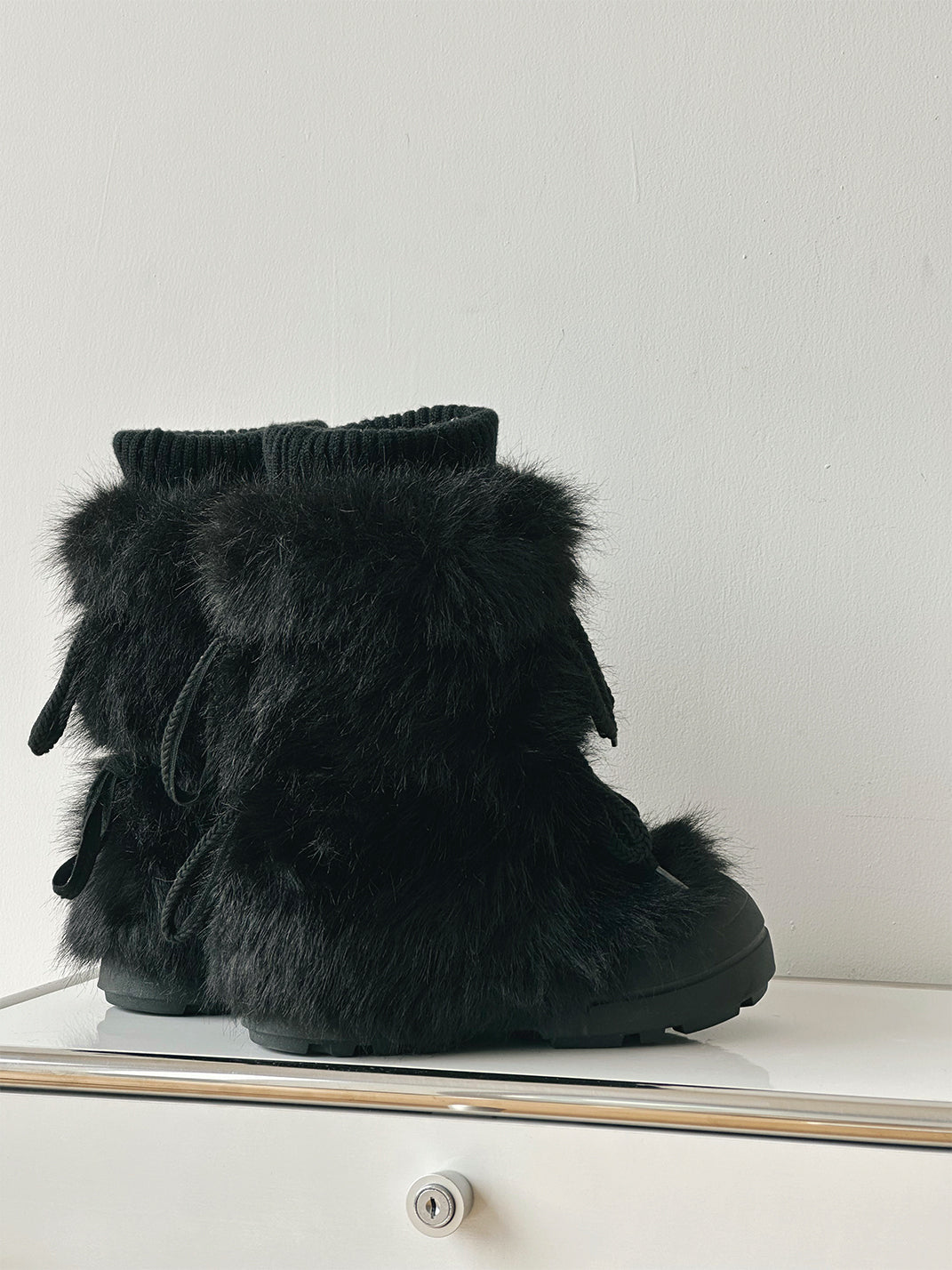 Black Fur-Lined Mid-Top Platform Ankle Boots