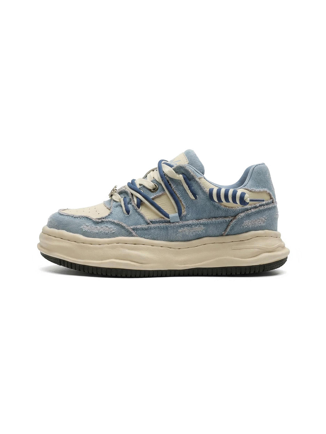 Distressed Denim Wavy Sole Sneakers with Dual-Lace Design