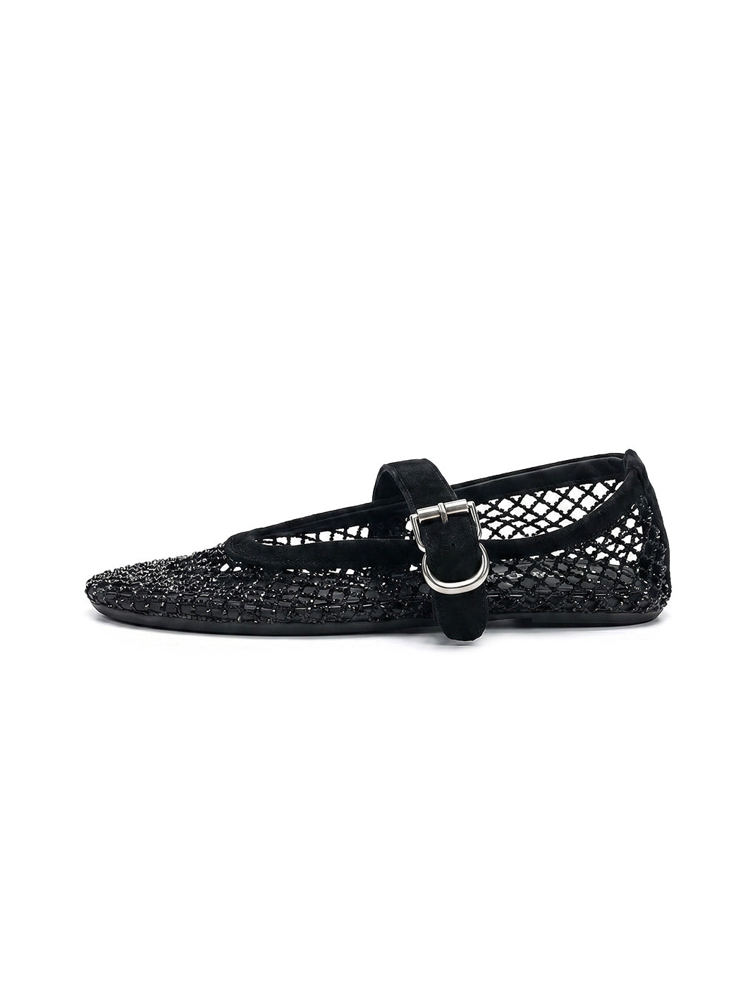 Woven Mesh Mary Jane Mules With Buckle Strap-Black