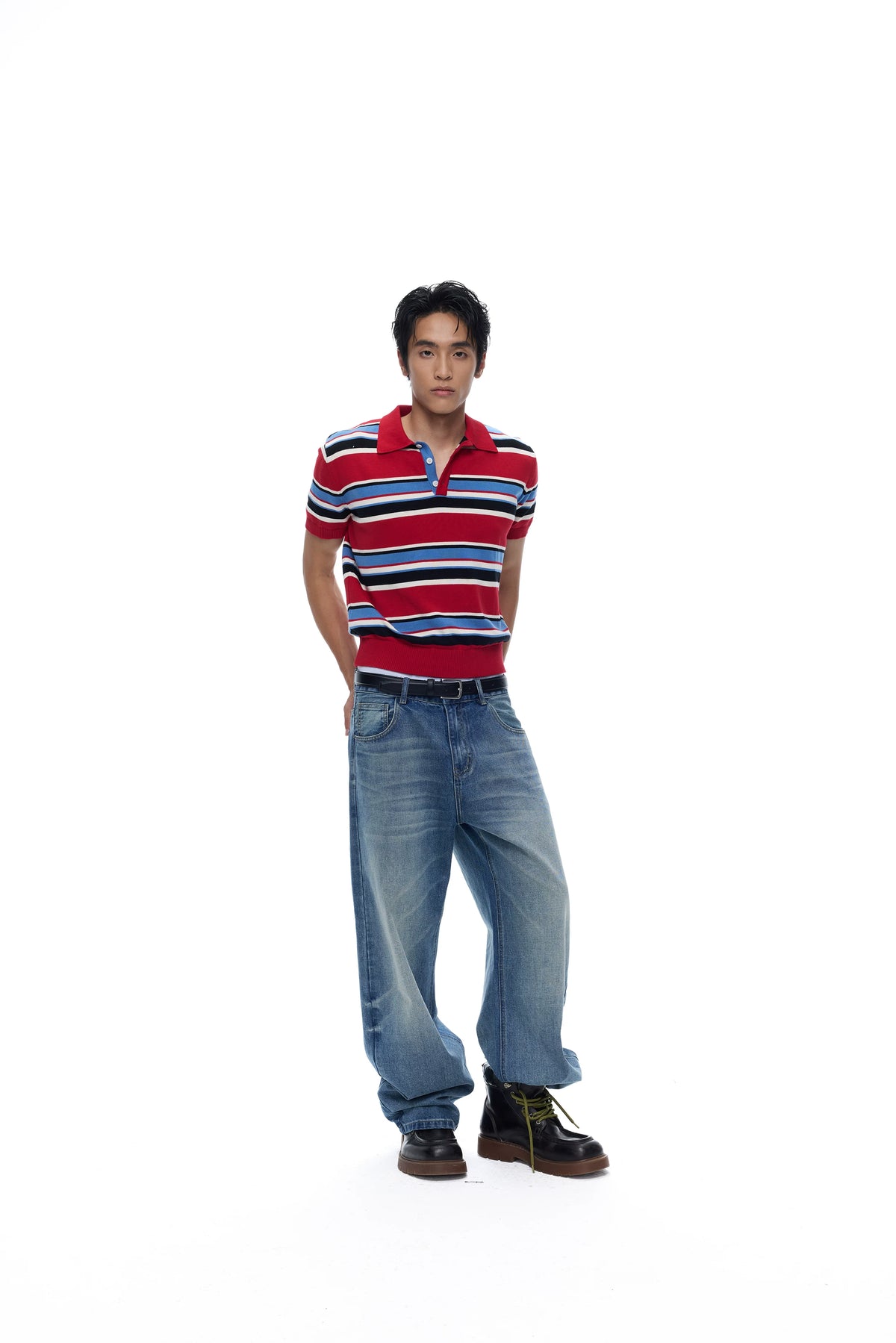 Red-Stripe Cotton Knit Polo Shirt product view 2