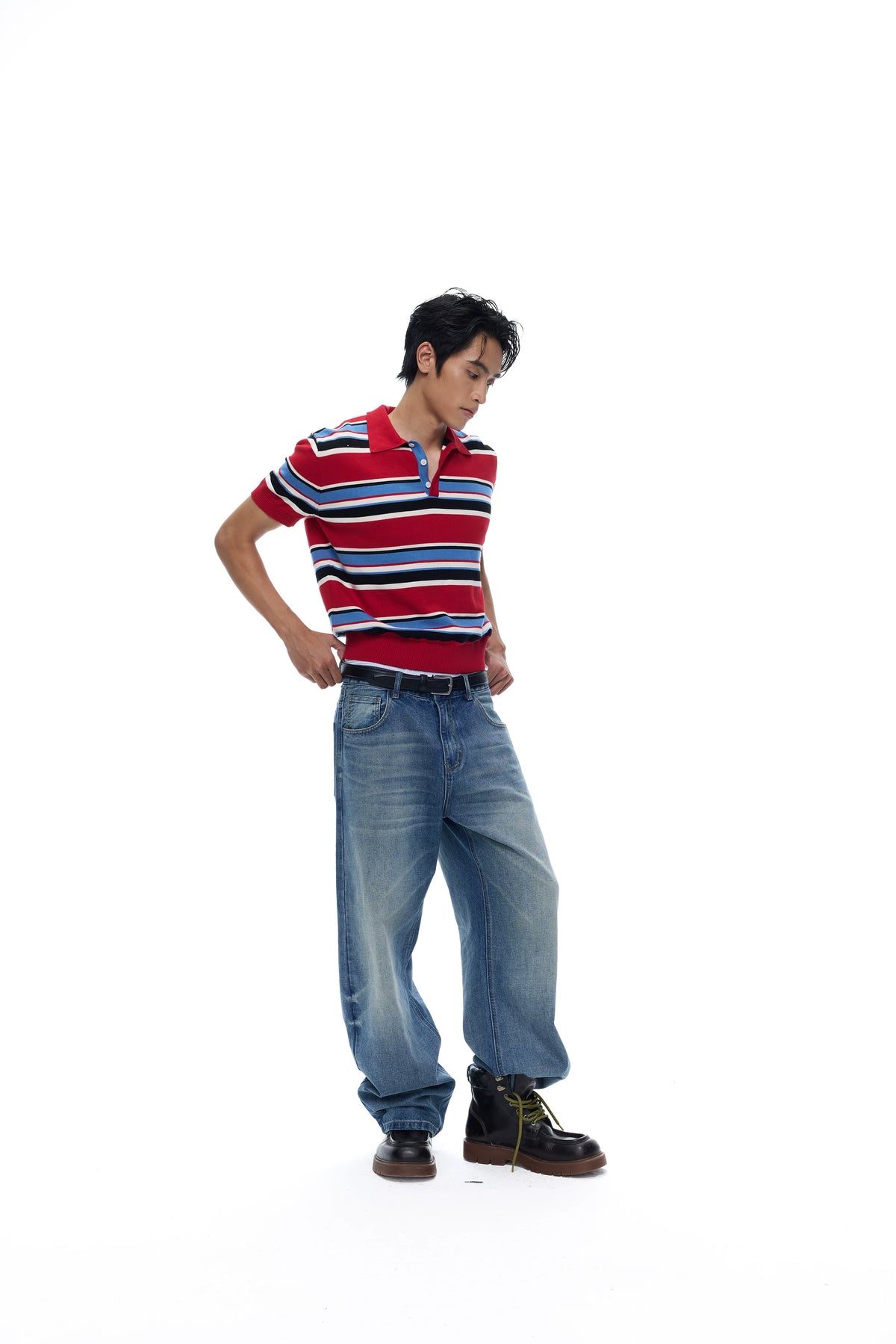 Red-Stripe Cotton Knit Polo Shirt product view 3