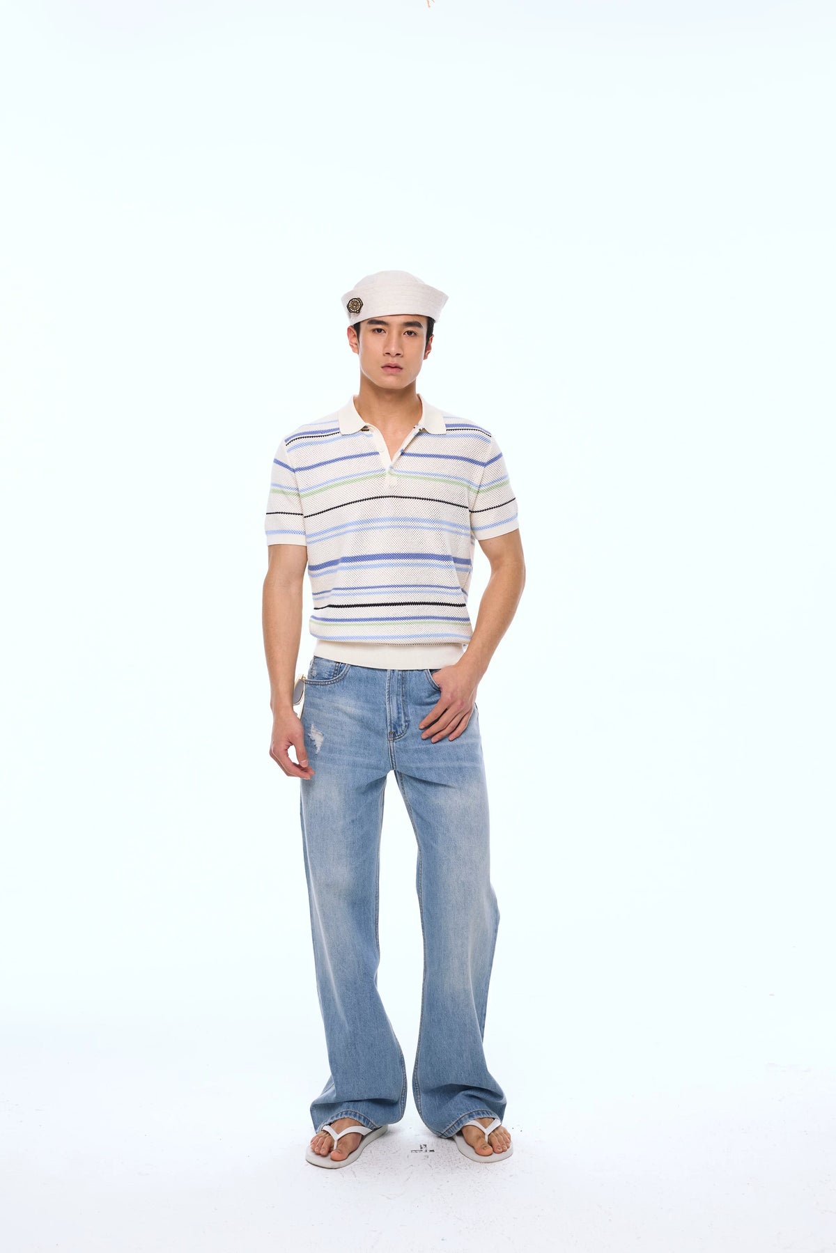 Blue-Stripe Openwork Knit Polo Shirt product view 5