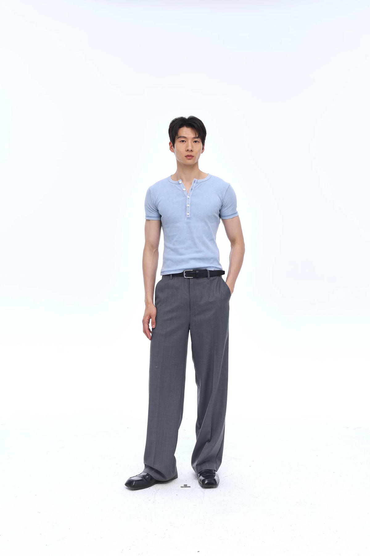 Washed-Blue Distressed Henley Tee product view 5