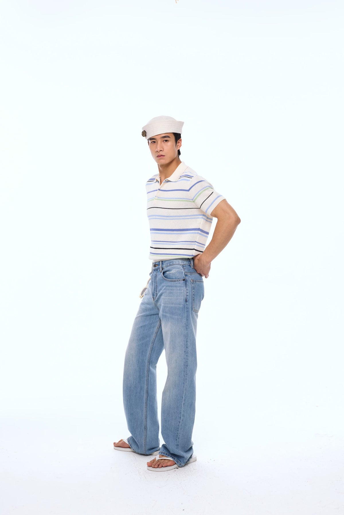 Blue-Stripe Openwork Knit Polo Shirt product view 2