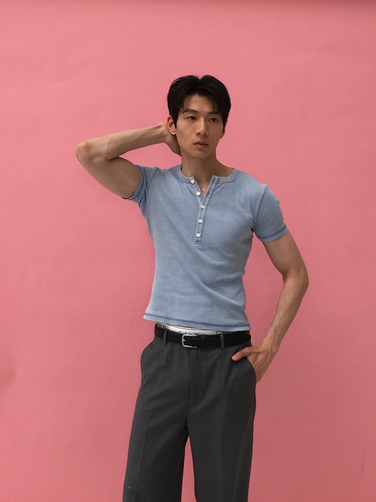 Washed-Blue Distressed Henley Tee product view 1