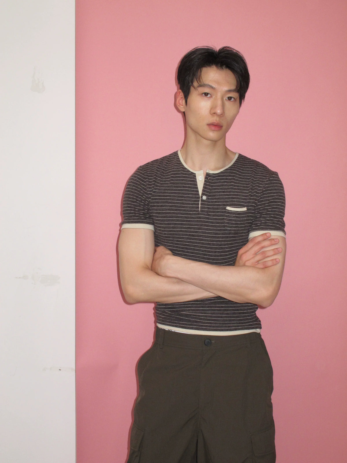 Brown-Stripe Contrast-Trim Henley Tee product view 2