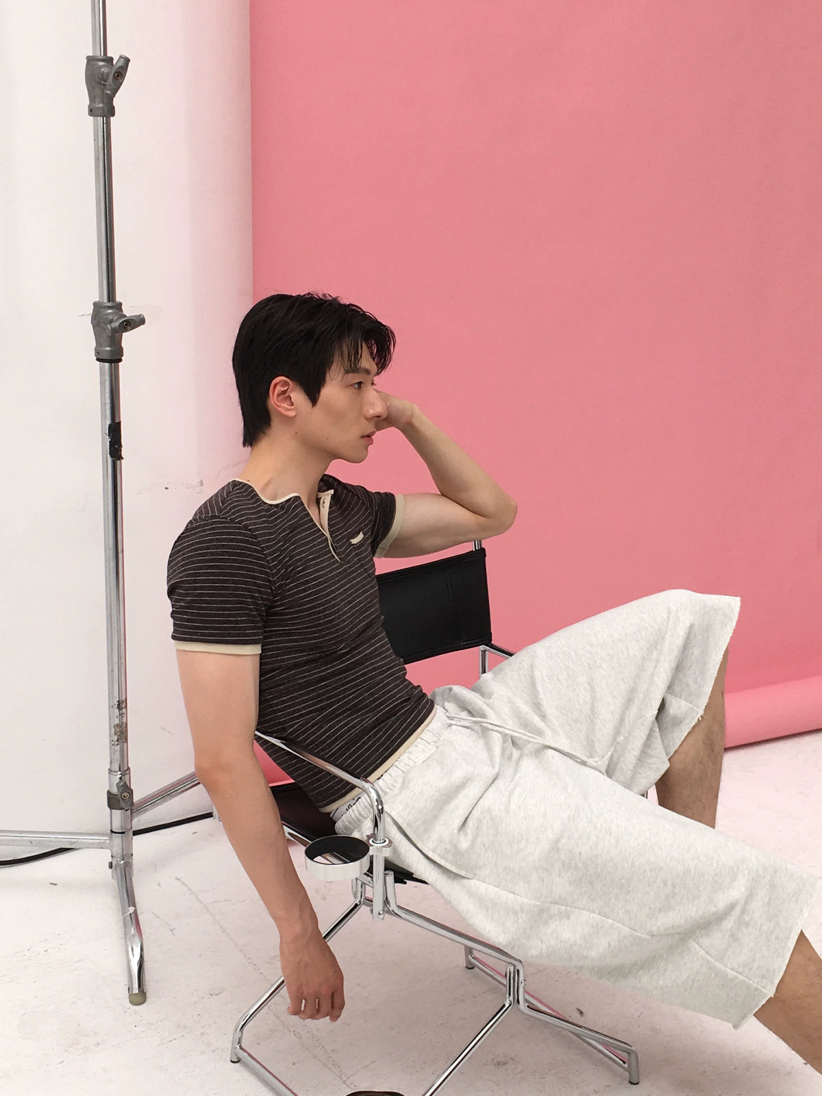 Brown-Stripe Contrast-Trim Henley Tee product view 4