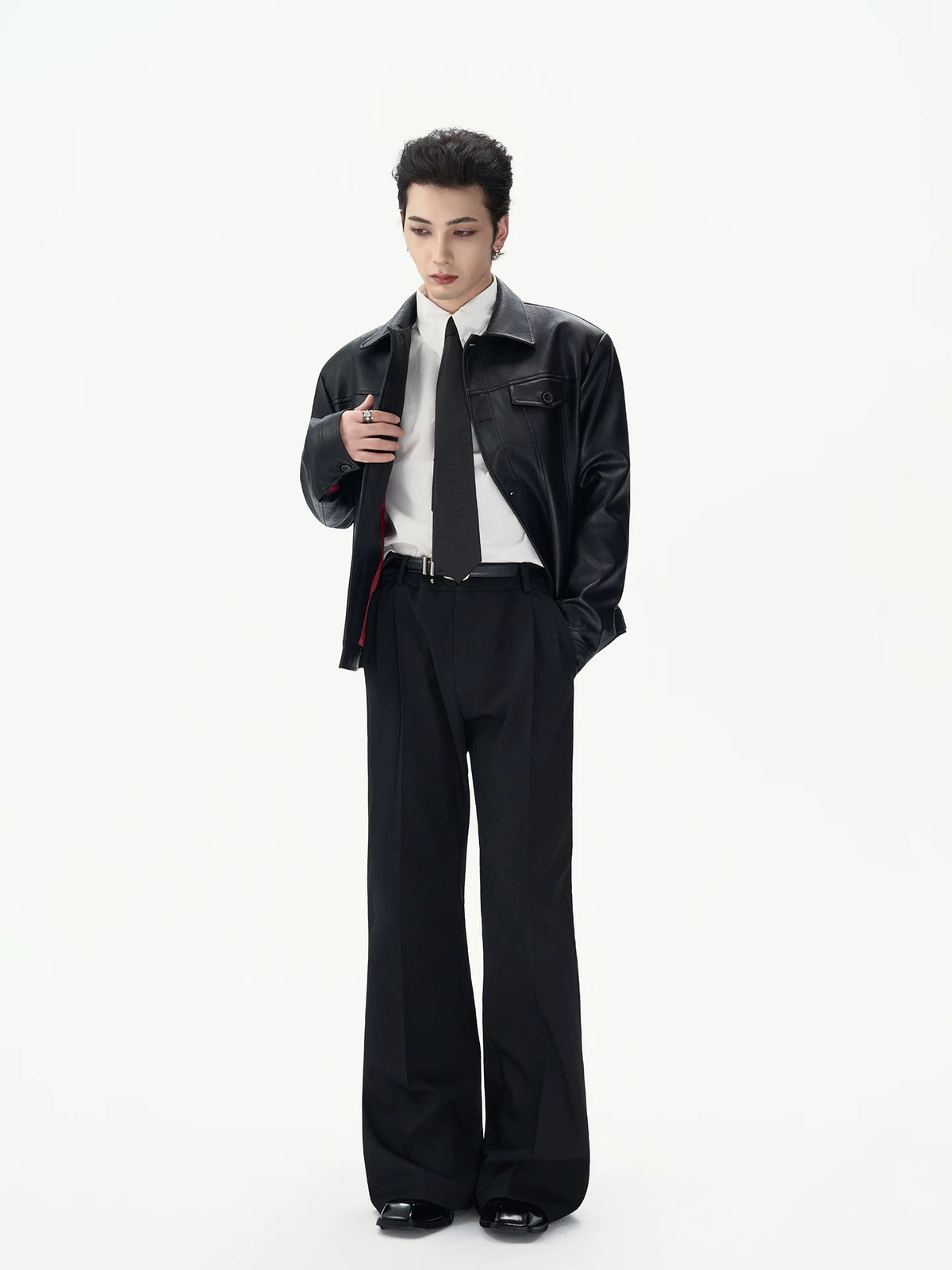 Red-Lined Sculpted Faux-Leather Jacket product view 3