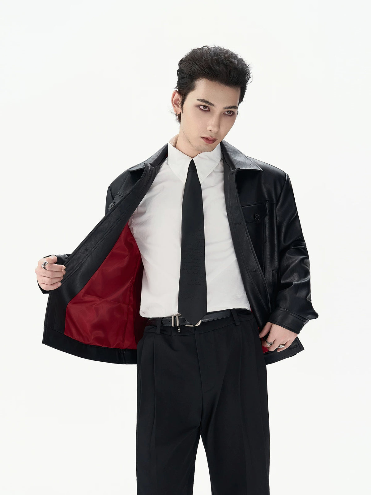 Red-Lined Sculpted Faux-Leather Jacket product view 4