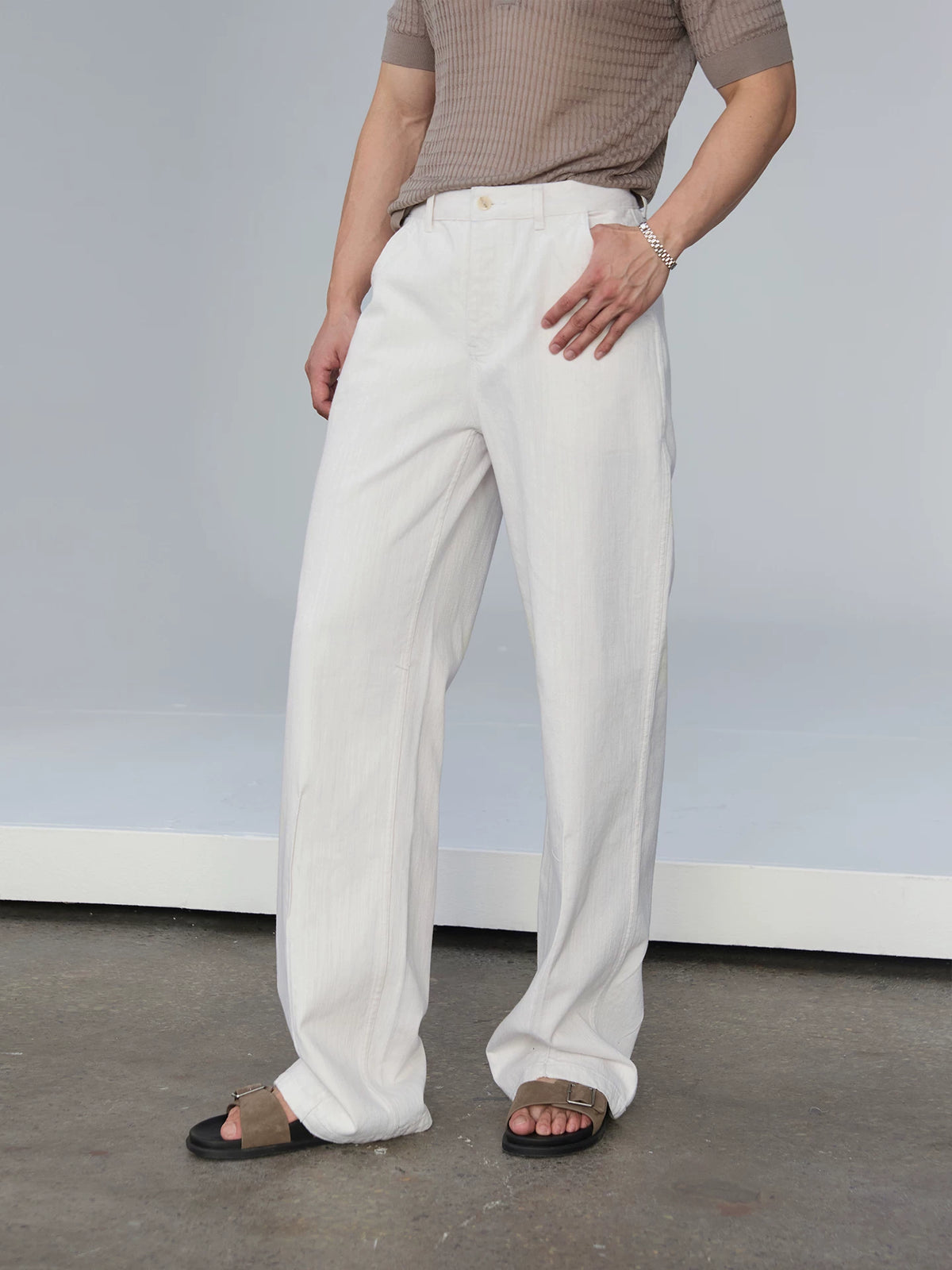White Slub-Texture Relaxed Straight Jeans product view 2