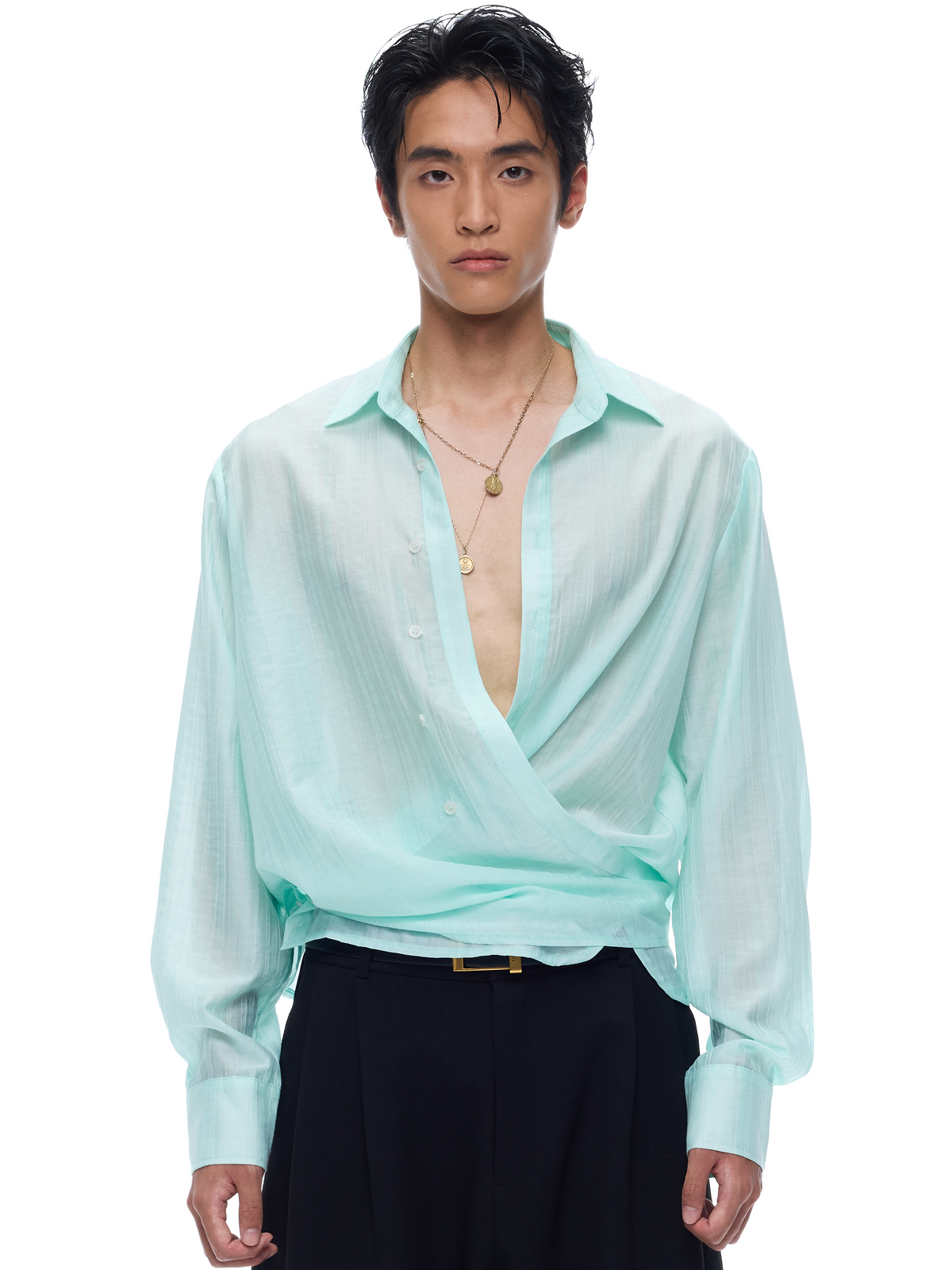 Semi-Sheer Textured Tie-Waist Shirt product view 1