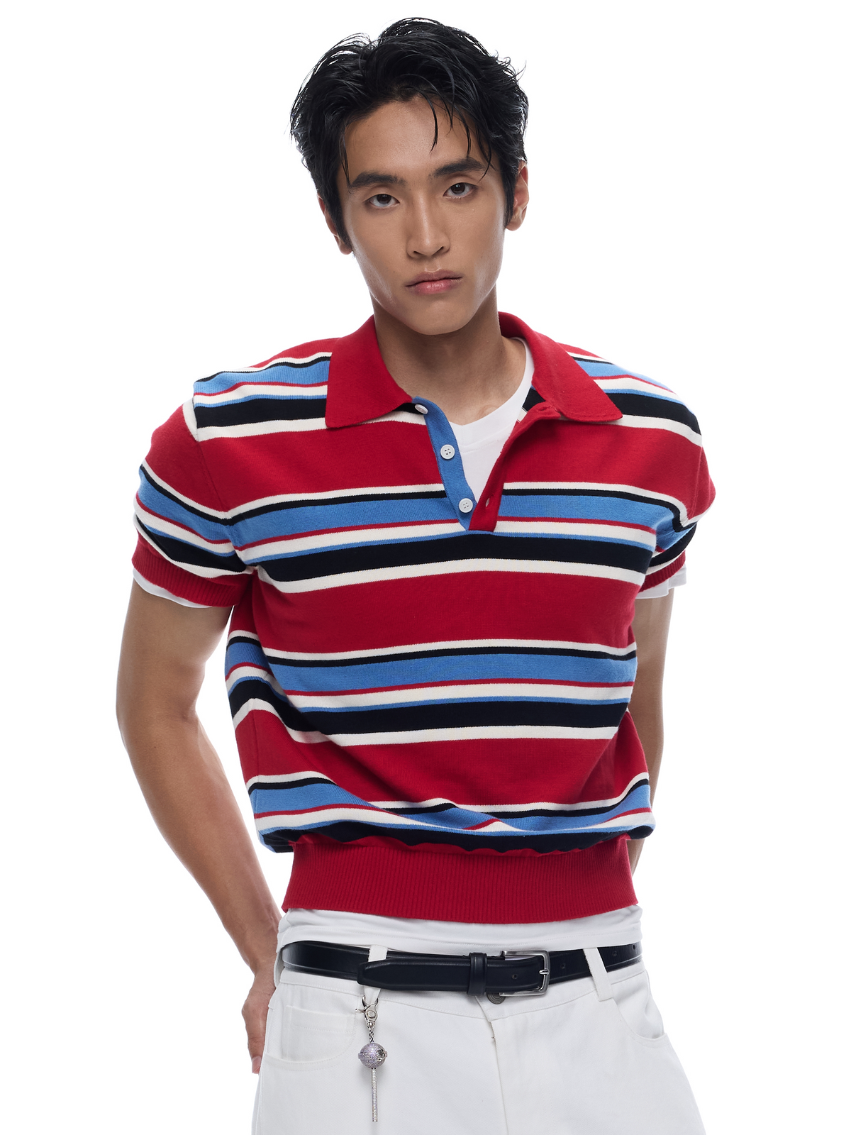 Red-Stripe Cotton Knit Polo Shirt product view 1