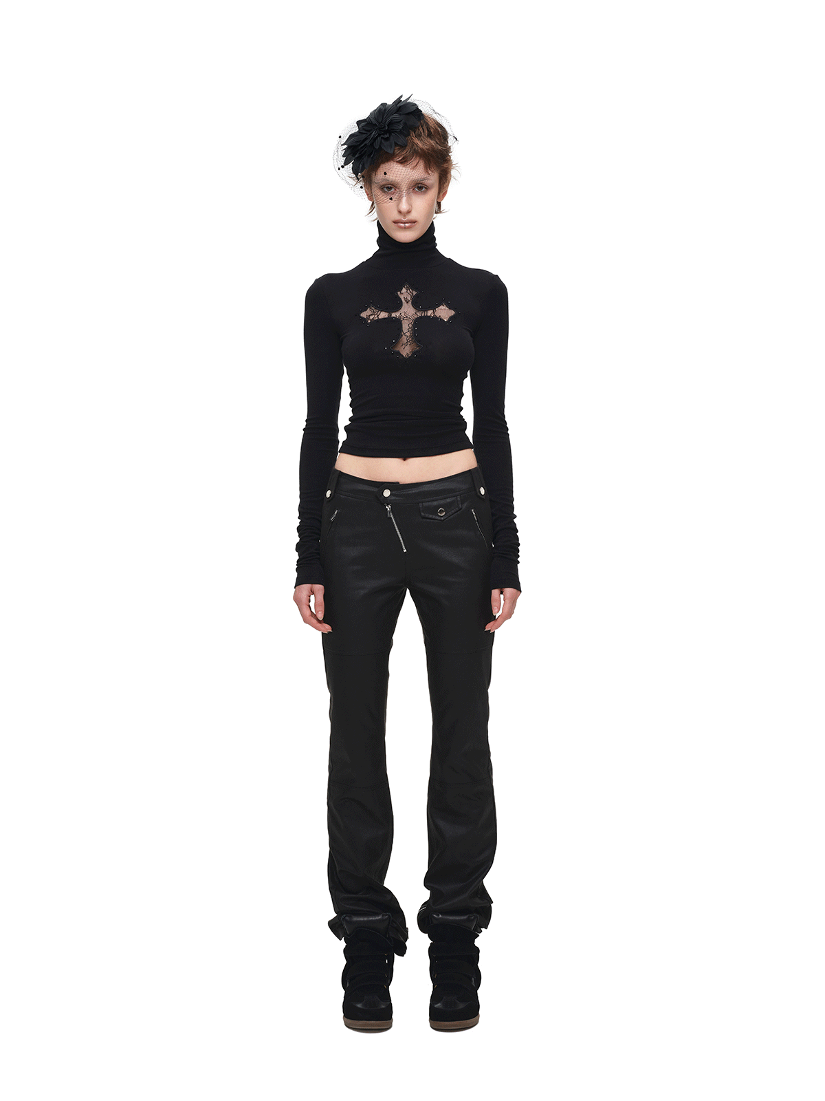 Lace-Cross Rhinestone Turtleneck Top product view 1