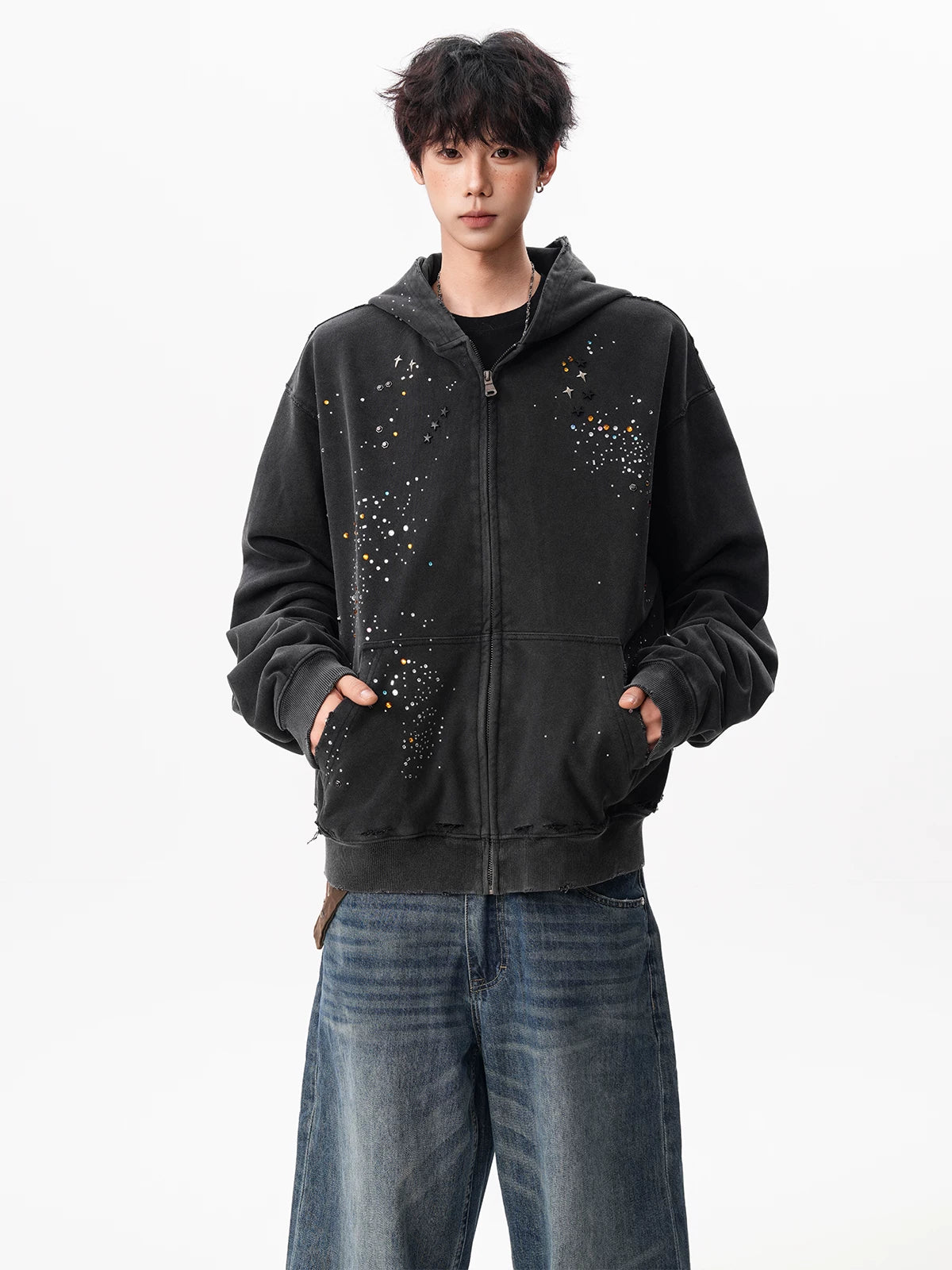 Rhinestone Relaxed Zip Hoodie product view 5
