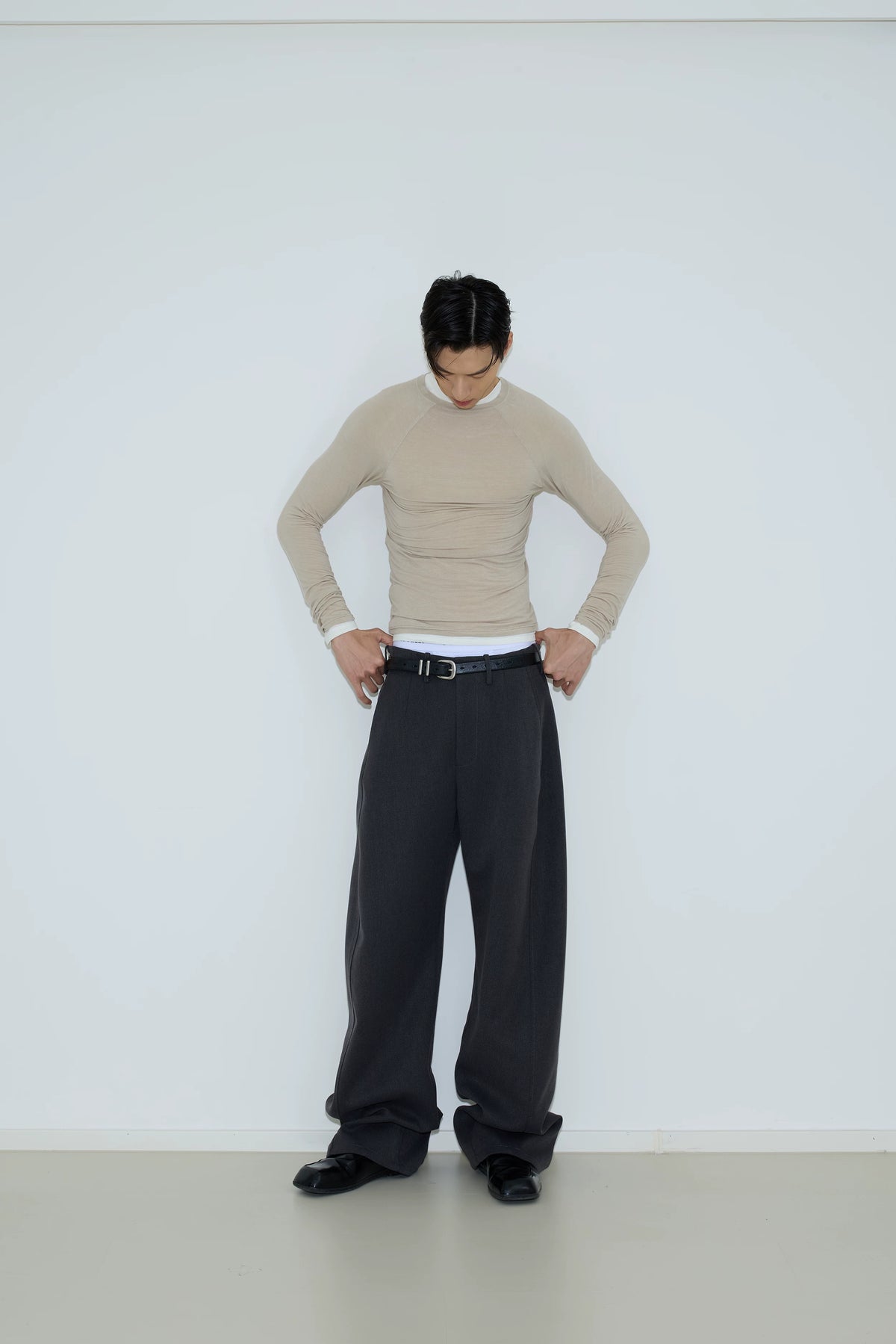 Curved-Leg Twill Tailored Trousers product view 1