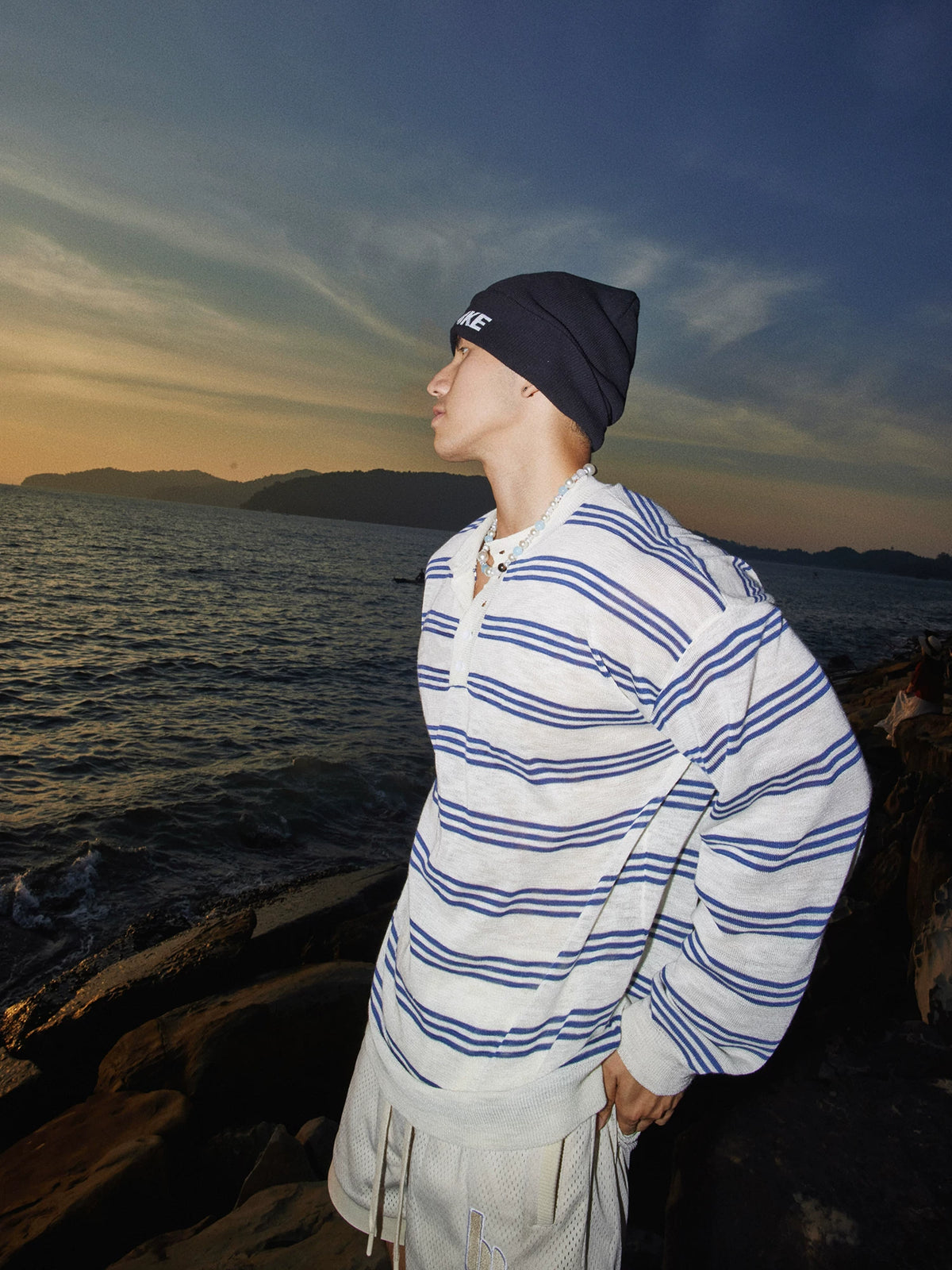 Island-Stripe Relaxed Henley Top product view 1