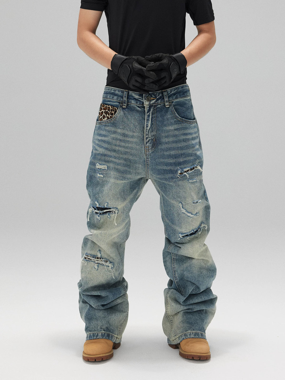 Leopard-Patch Distressed Stacked Jeans product view 1