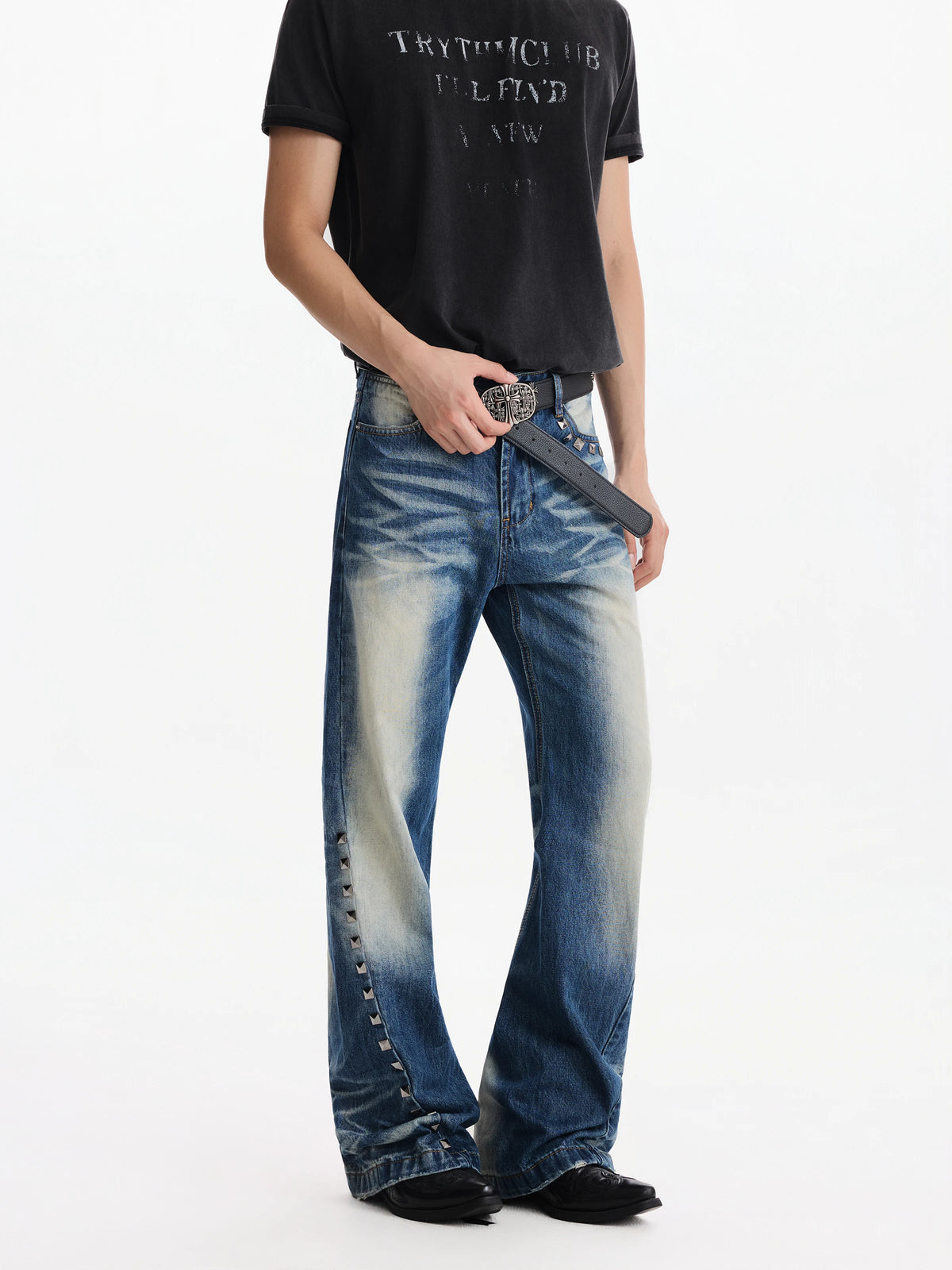 Studded Washed Stacked Flare Jeans product view 1