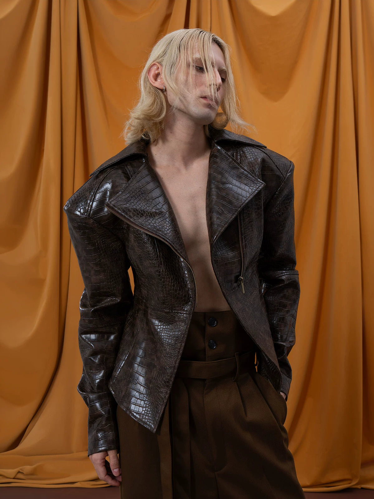 Croc-Effect Waisted Faux-Leather Jacket product view 1