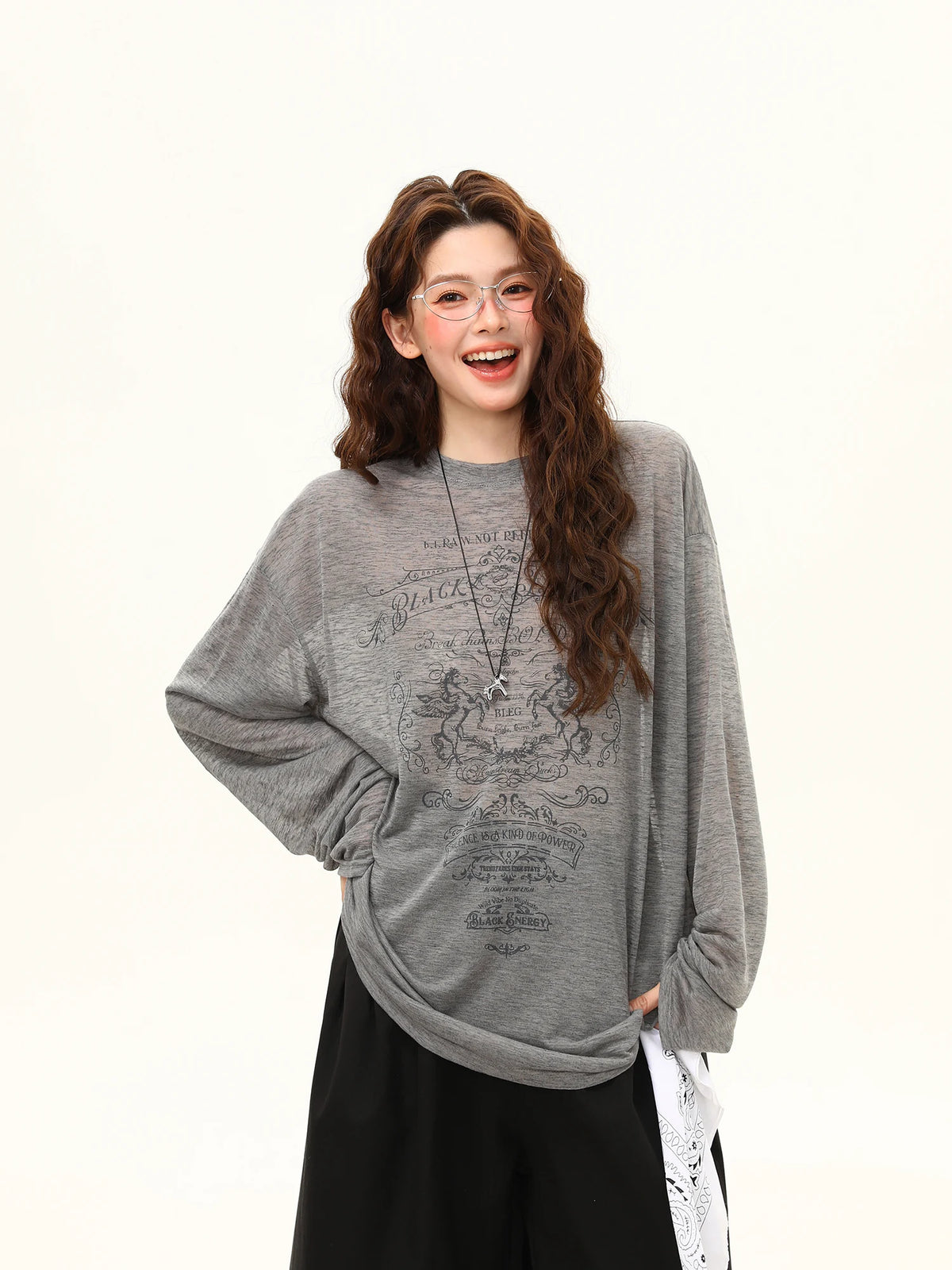 Sheer Graphic Oversized Long-Sleeve Top product view 1