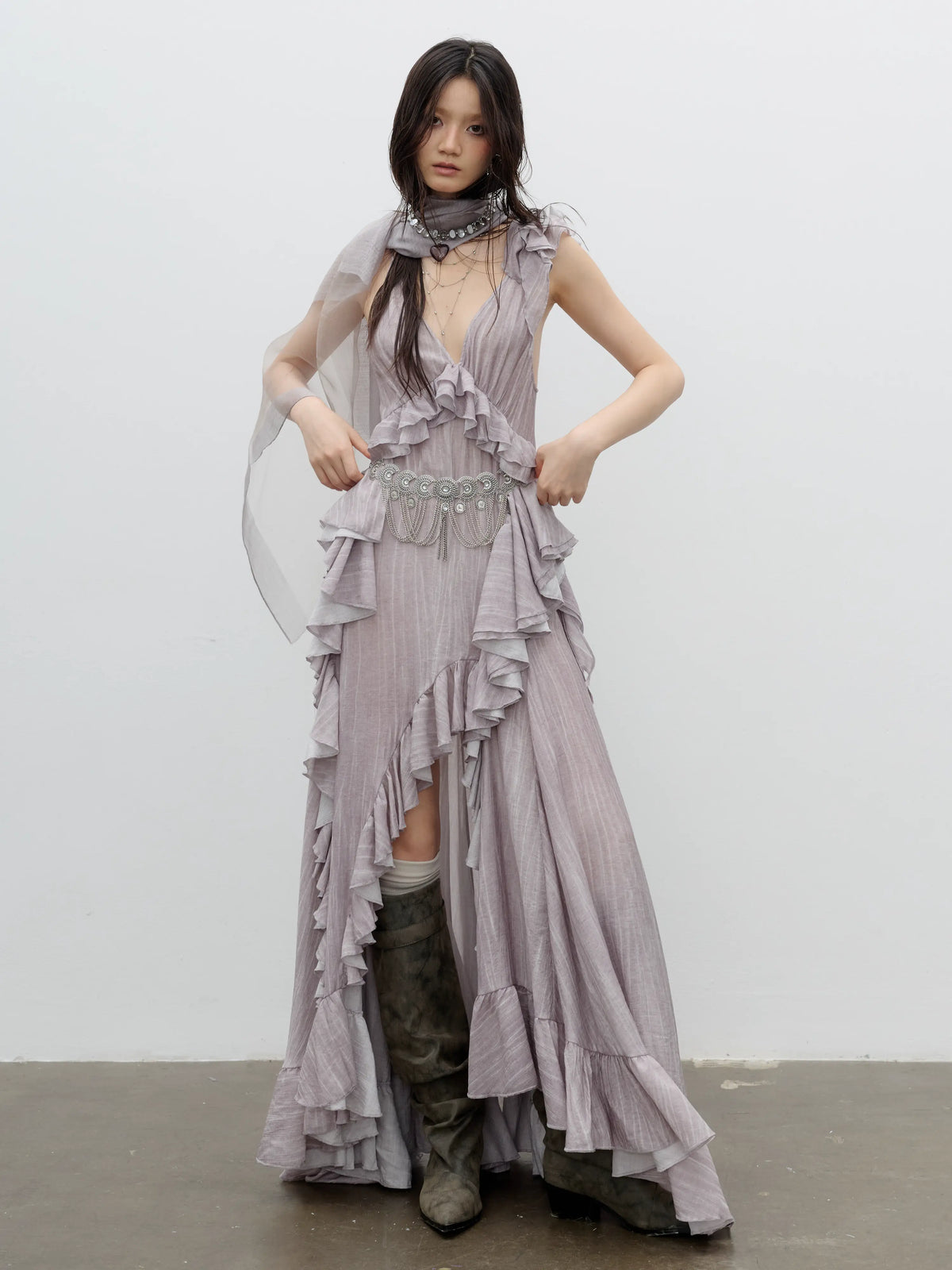 Dusty-Pink Asymmetric Ruffle Maxi Dress product view 1