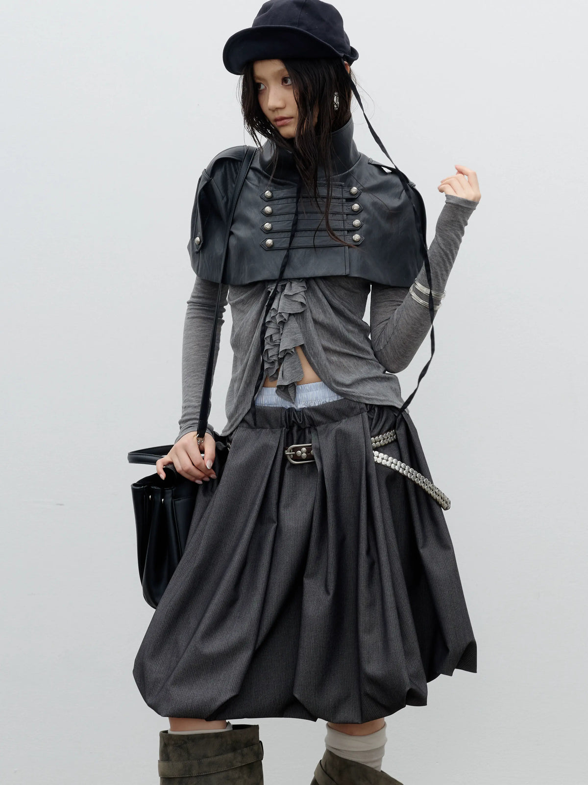 Cropped Military-Button Faux-Leather Cape product view 1
