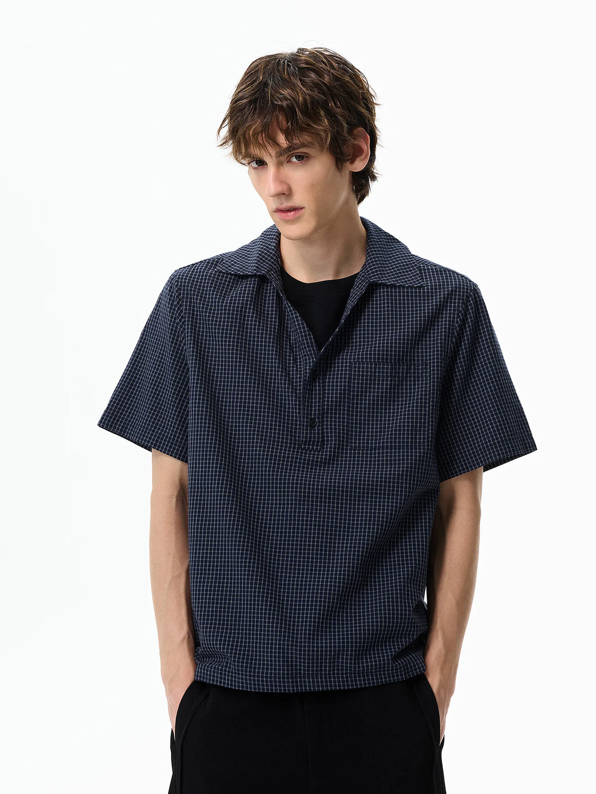 Layered-Neck Micro-Check Polo Shirt product view 1
