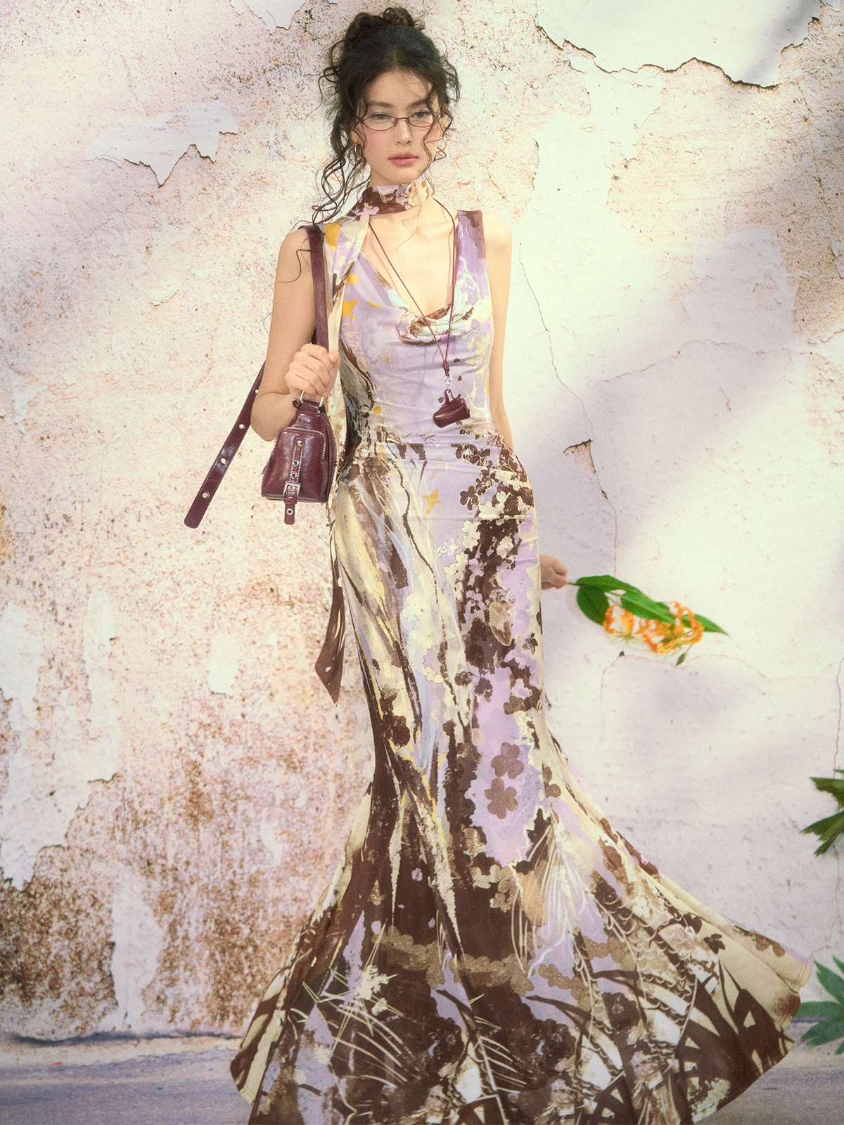 Floral Draped-Neck Mermaid Maxi Dress product view 1