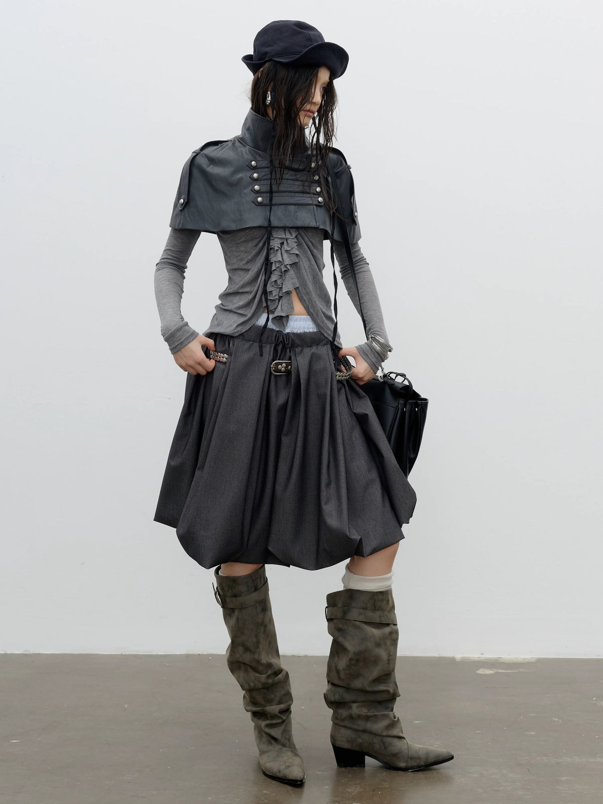 Cropped Military-Button Faux-Leather Cape product view 2