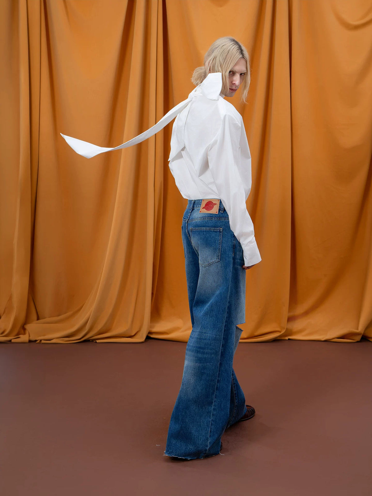 Back-Tie High-Neck Padded-Shoulder Shirt product view 3