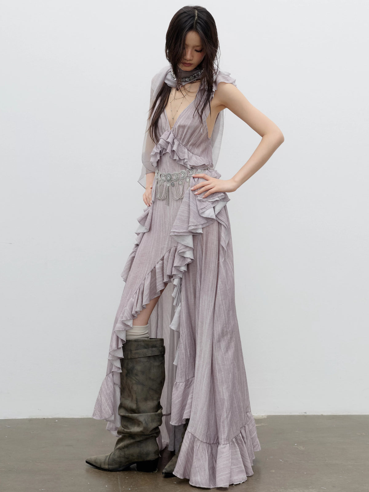Dusty-Pink Asymmetric Ruffle Maxi Dress product view 2