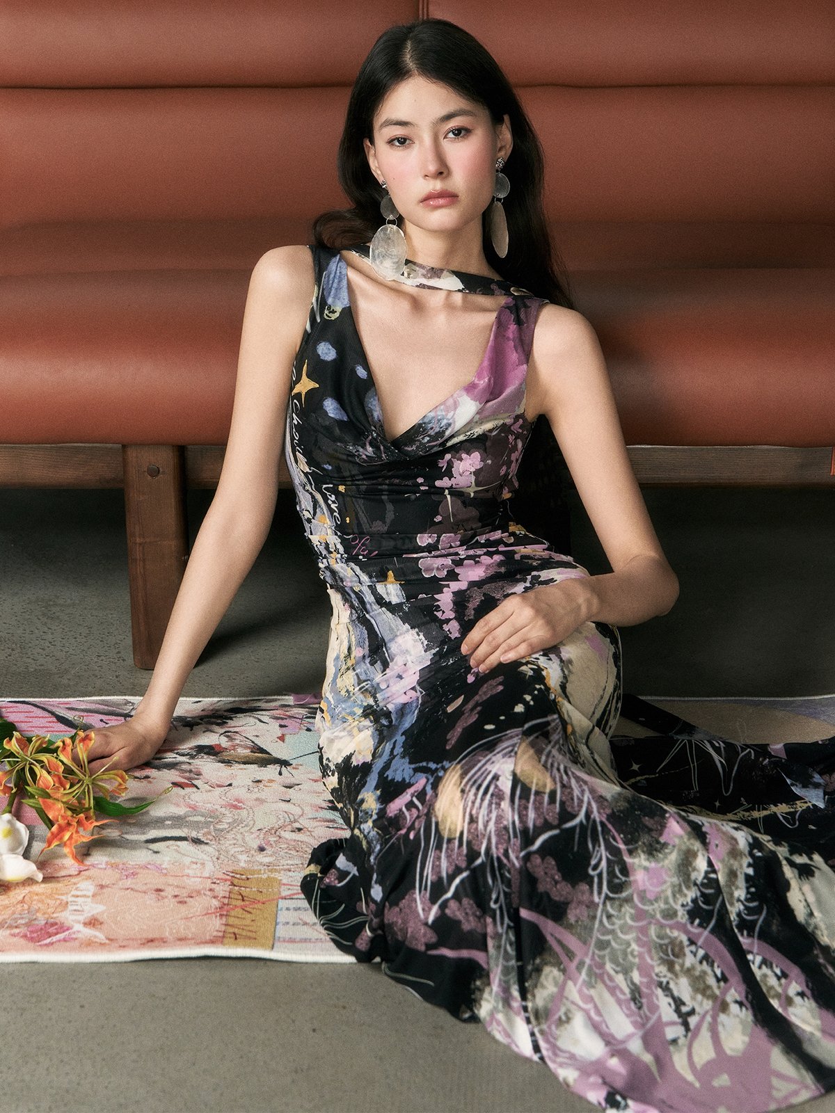 Floral Draped-Neck Mermaid Maxi Dress product view 2